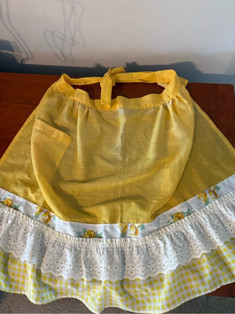 Vintage Yellow Gingham Half Apron Floral Eyelet Lace Ruffle